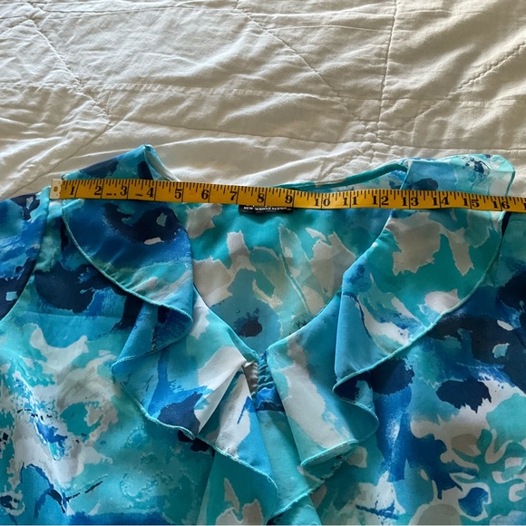 NEW WOMEN DESIGN, TEAL AND MULTI COLOUR RUFFLE BLOUSE, SIZE: L - Picture 4 of 7